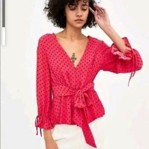 NWOT Zara Pink Polka Dot Wrap Blouse Sash Tie Belt